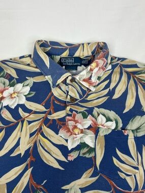 Vintage 90s Polo Ralph Lauren Hawaiian Shirt XL Blue Floral Aloha Camp Shirt